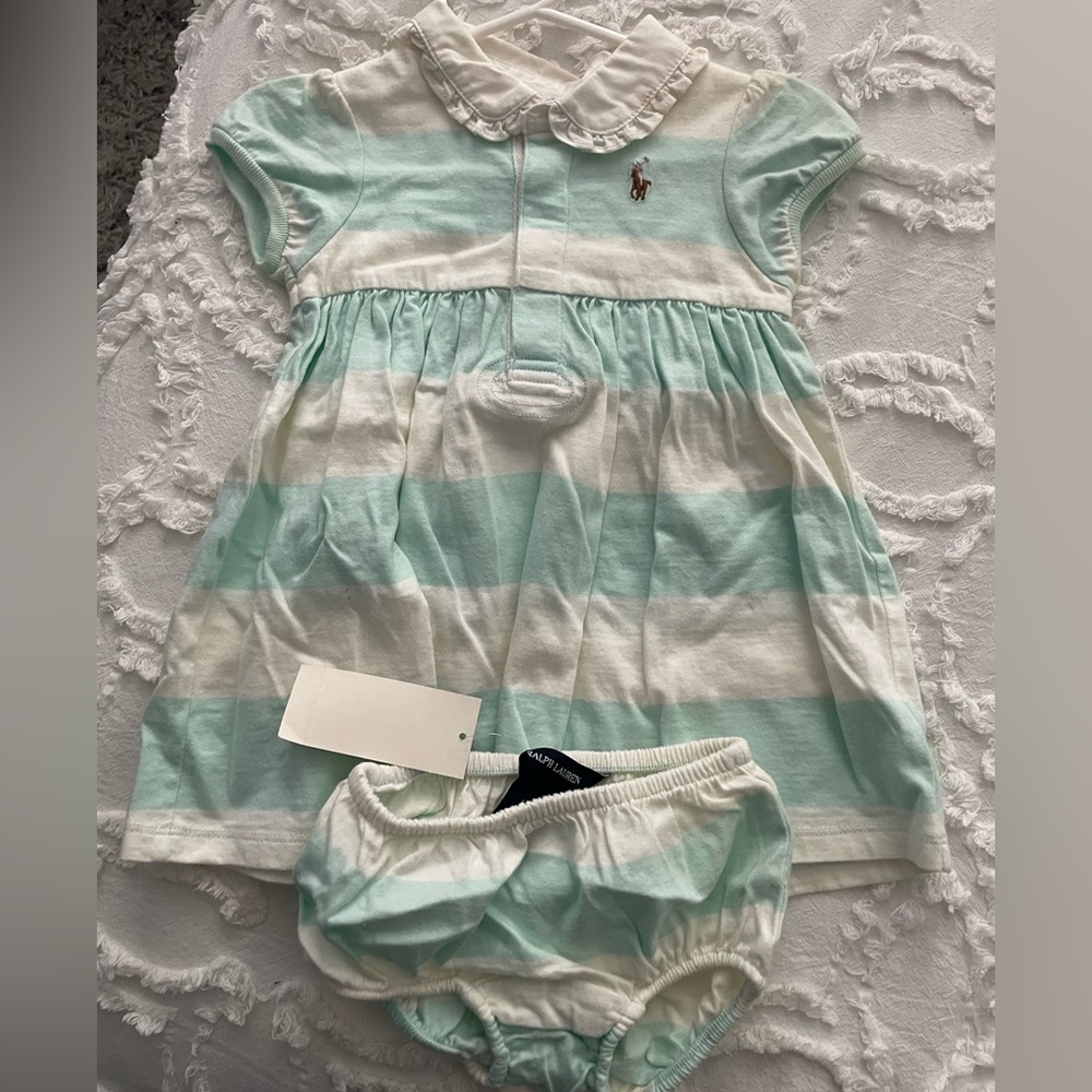 New Girls Ralph Lauren Aqua Blue Striped Dress & Diaper Cover